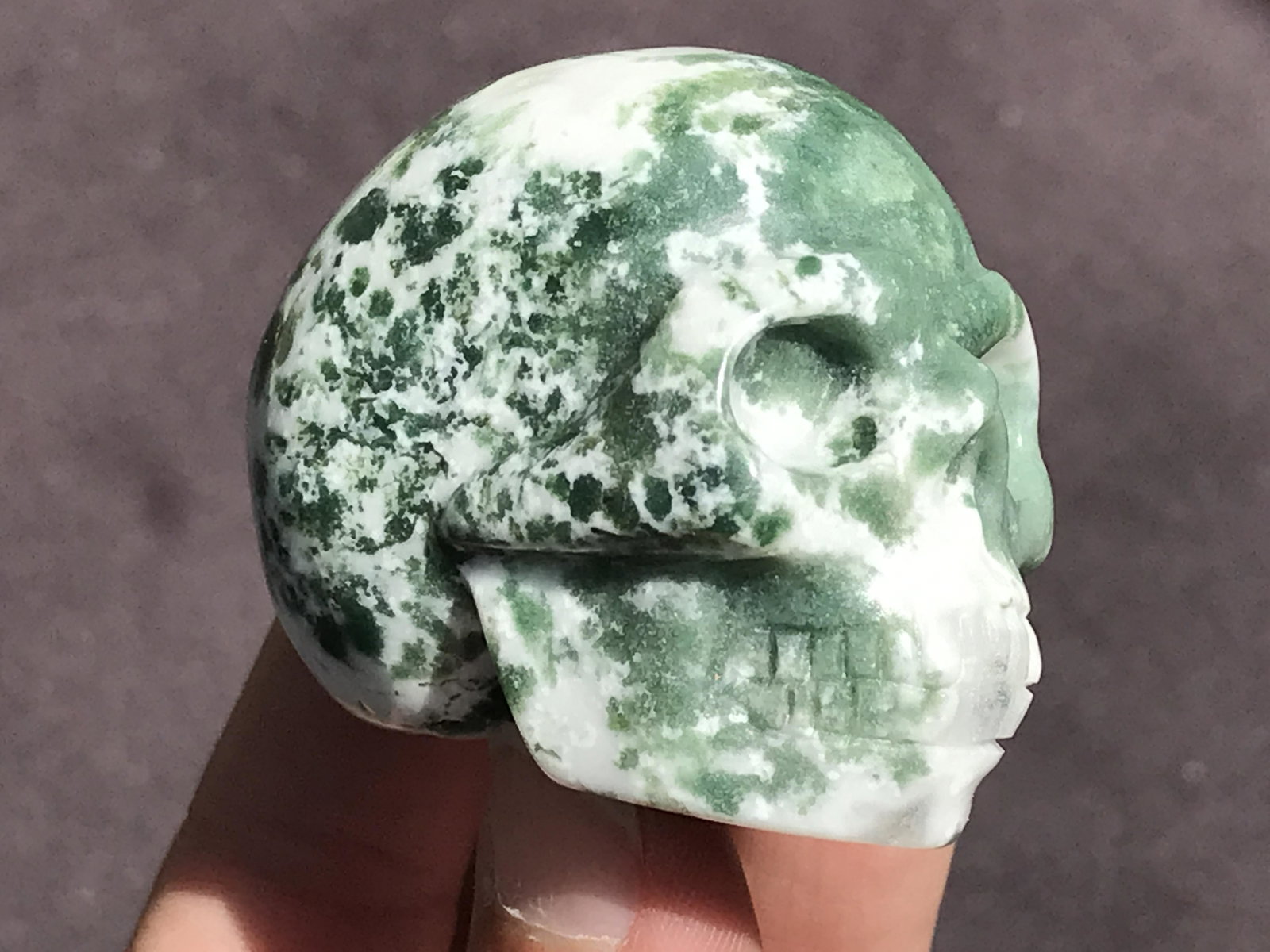 Rock, Crystal, Natural, Decor, Collectible, Carving, Skull: Moss Agate Skull Carving