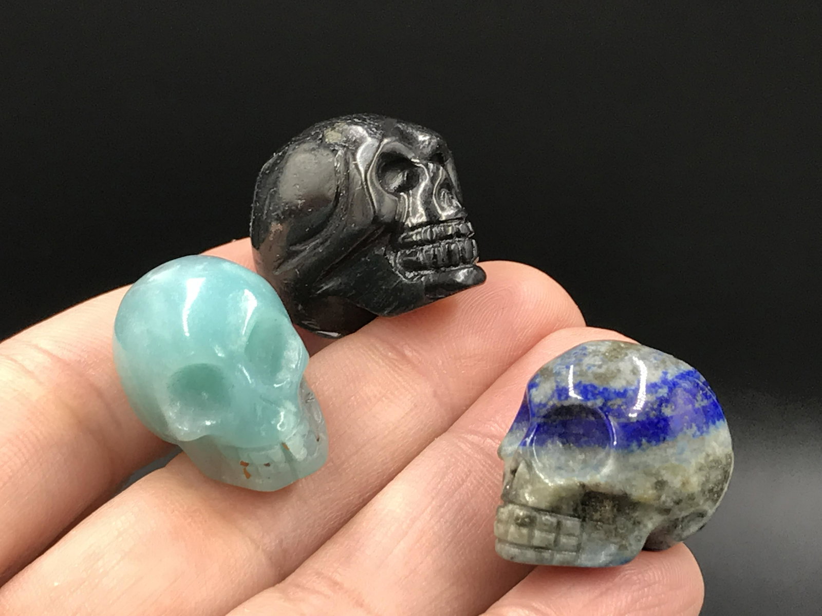 3 Skull Carvings: 3 Skull Carvings Lapis Lazuli Blue Chalcedoney Shungite