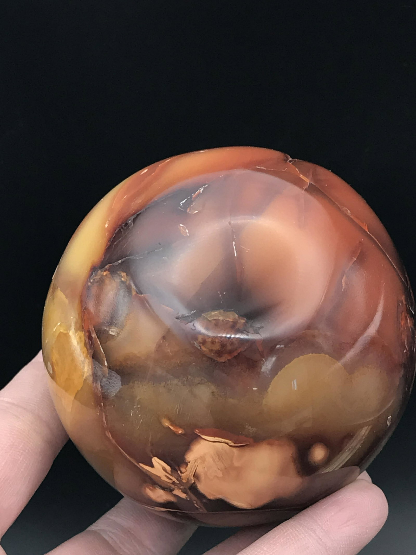 Carnelian Sphere with Crystal Pocket: Carnelian Sphere with Open Crystal Pocket