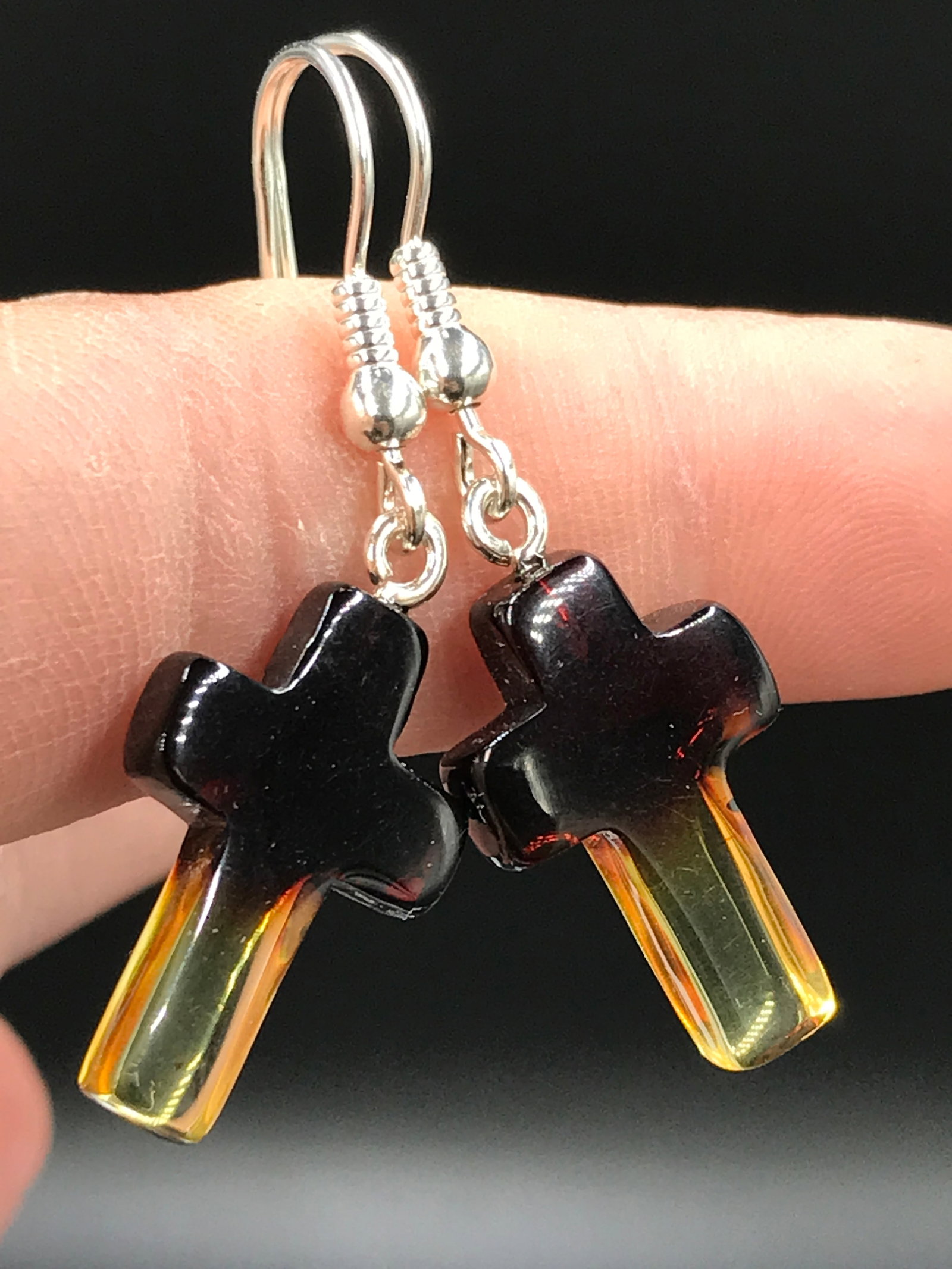 Amber, Baltic, Natural, Collectible, Jewelry, Earrings, Sterling: Baltic Amber Cross Ear Rings Sterling Silver Lithuania
