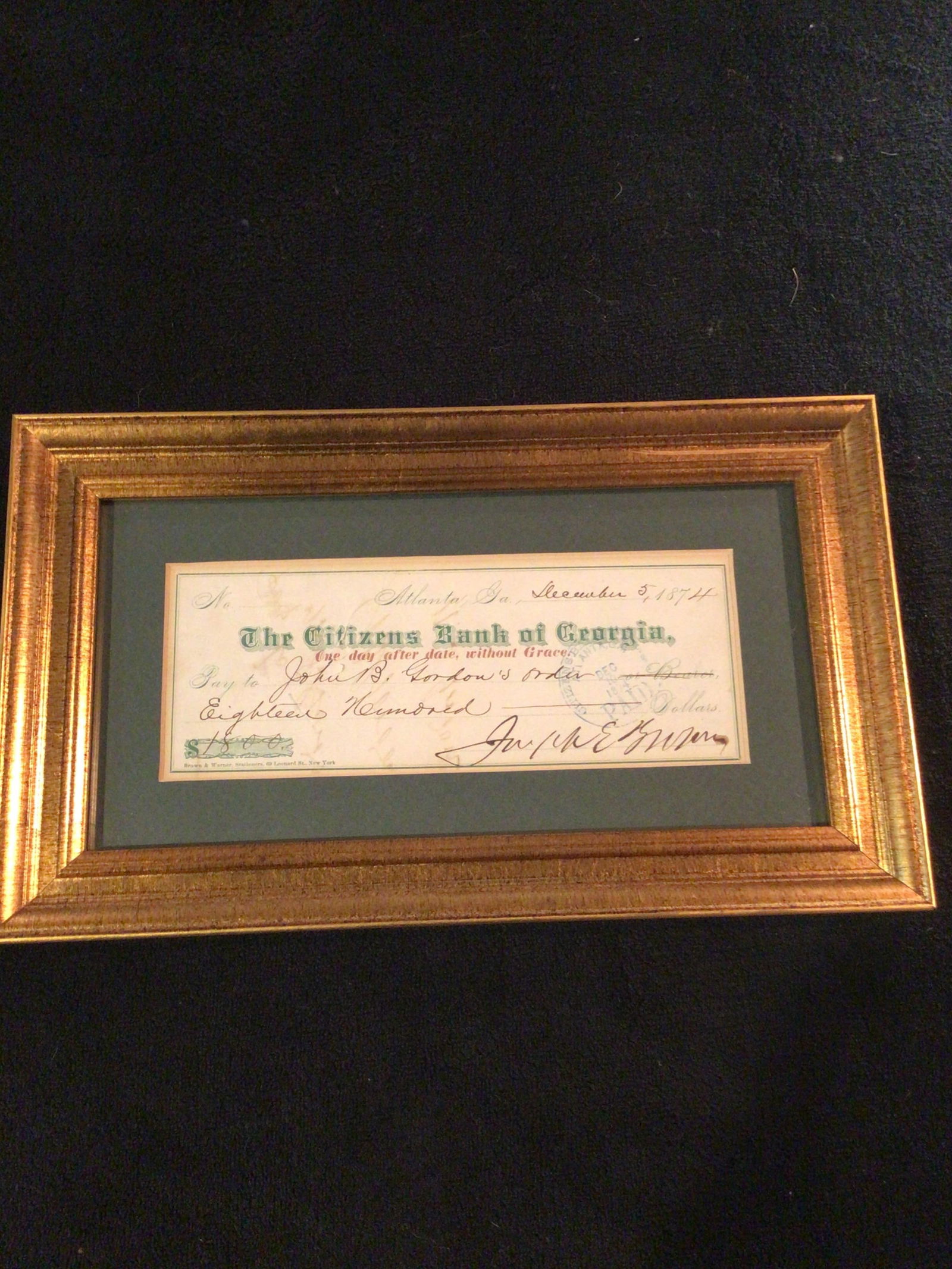 Major General John B Gordon endorsed check: Major General John B Gordon endorsed, check in signed on back by Joseph Brown, CSA governor of Georgia