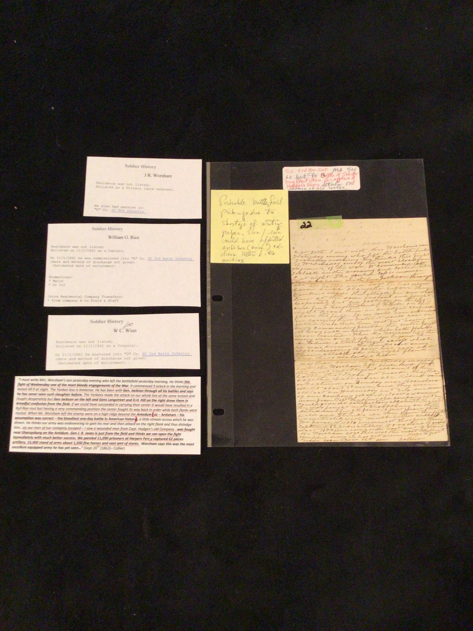 South Carolina 3rd Capture of harpers ferry: South Carolina third battn infantry WC Winn written on verso of an old letter Sharpsburg Battlefield 1862 the capture of Harpers ferry