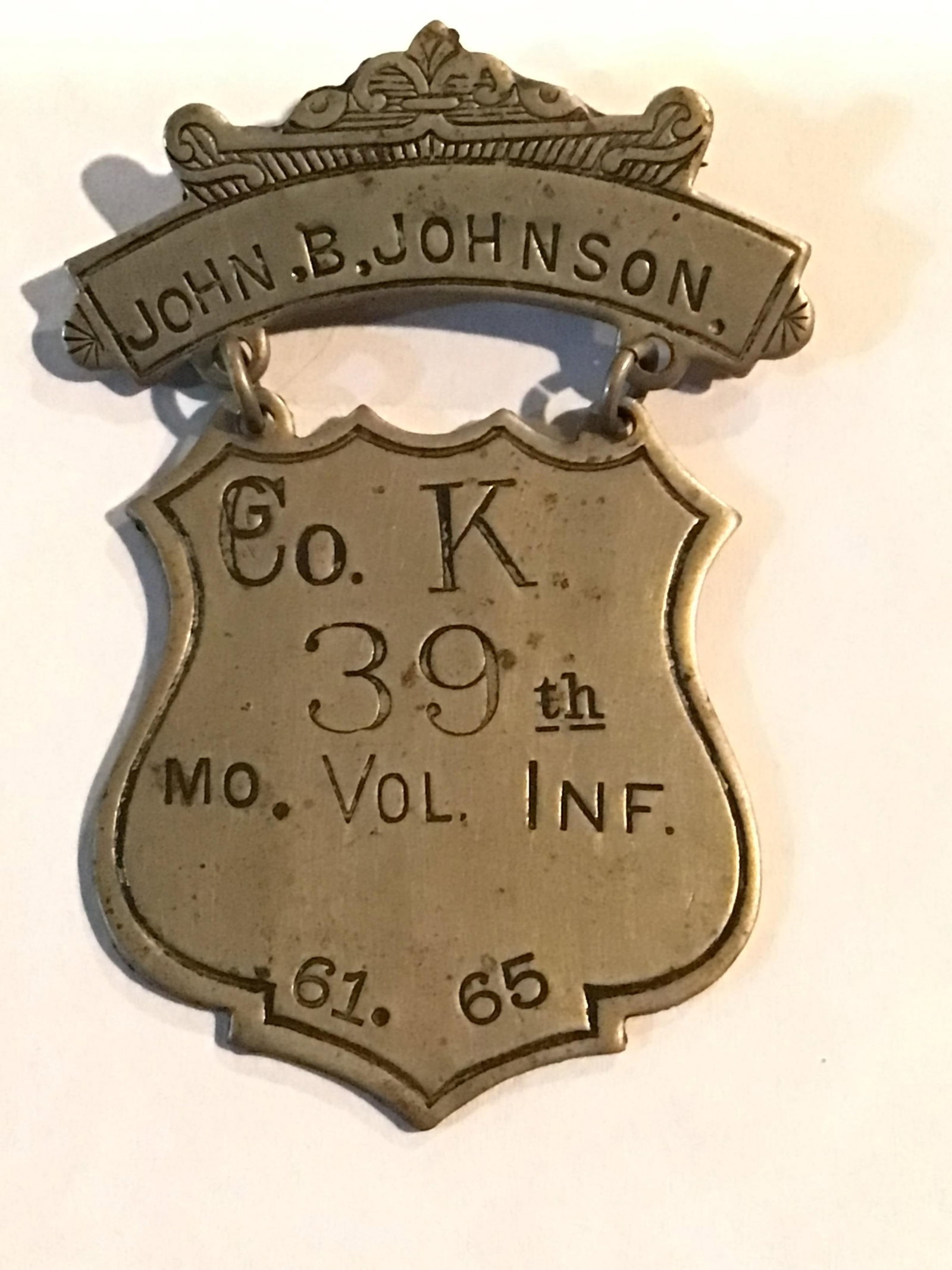 John B Johnson Civil War badge: John B Johnson Civil War badge Missouri volunteer infantry
