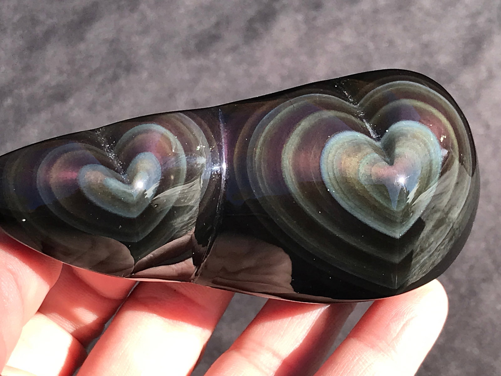 Rock, Crystal, Natural, Decor, Collectible, Carving, Heart: Double Heart Rainbow Obsidian Mexico 5oz