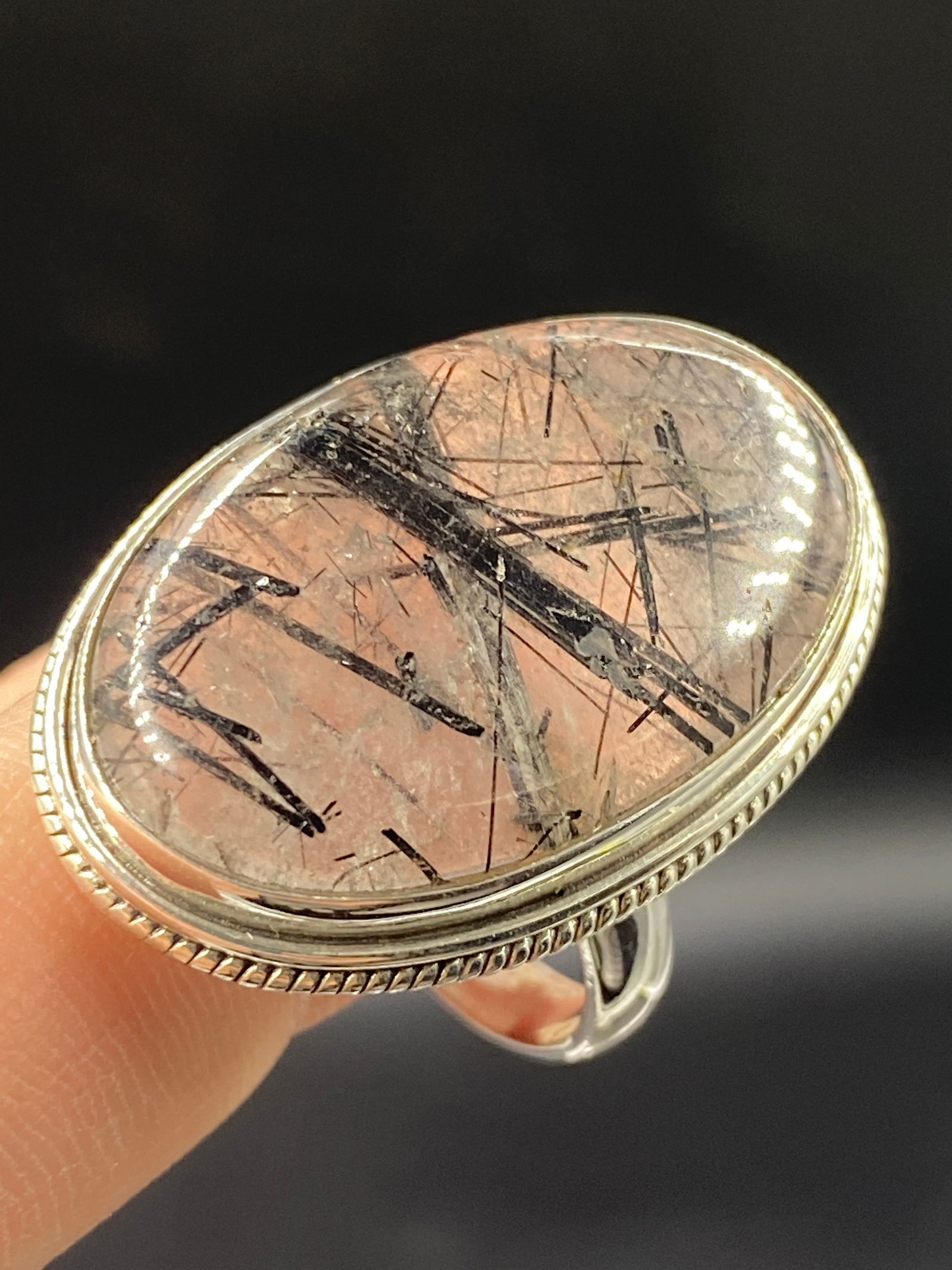 Rock, Crystal, Natural, Jewelry, Ring, Sterling: Black Tourmaline in Quartz Ring Sterling Silver Size 10