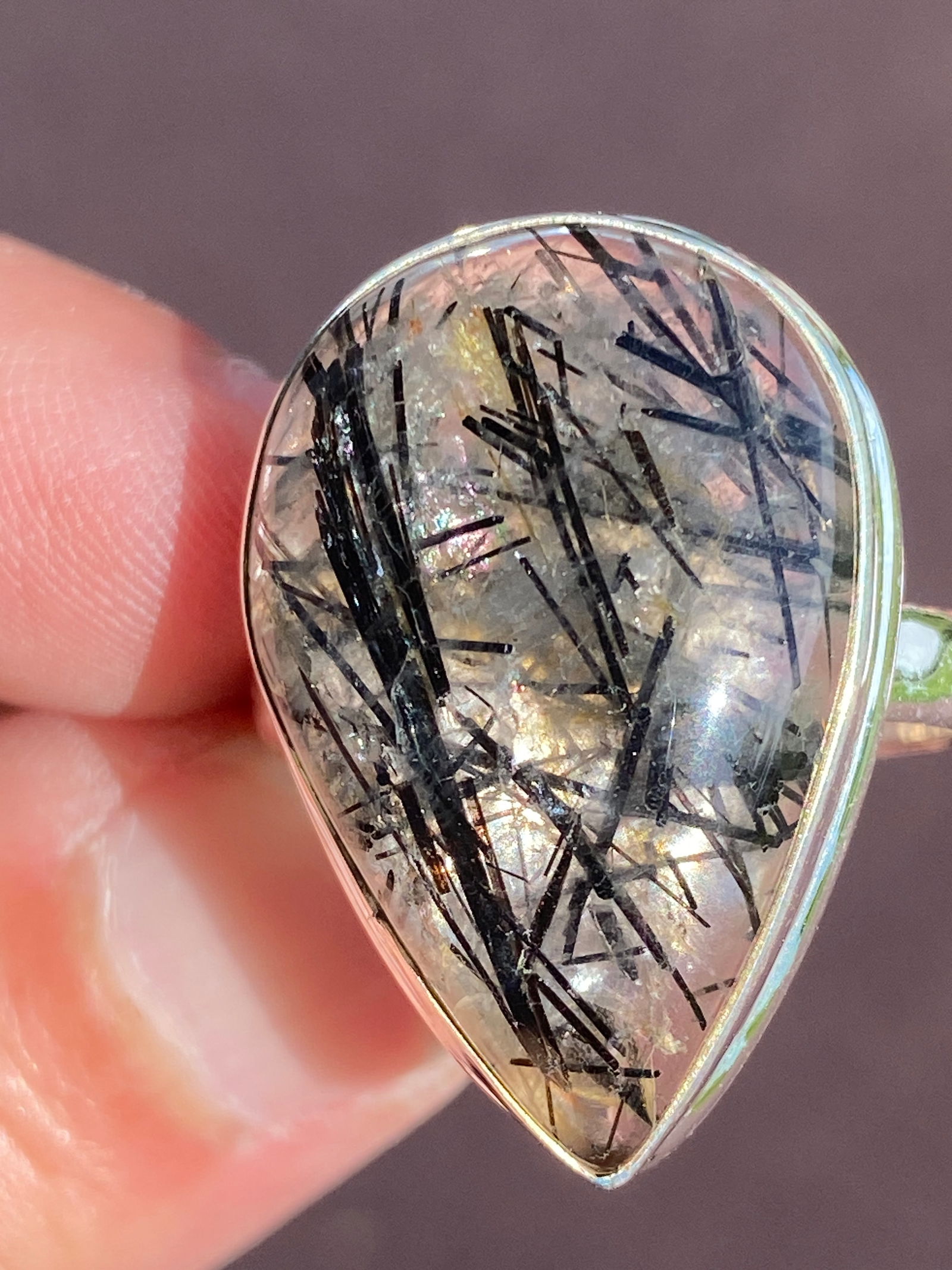 Rock, Crystal, Natural, Jewelry, Ring, Sterling: Quartz w/Black Tourmaline Sterling Silver Ring Size 11