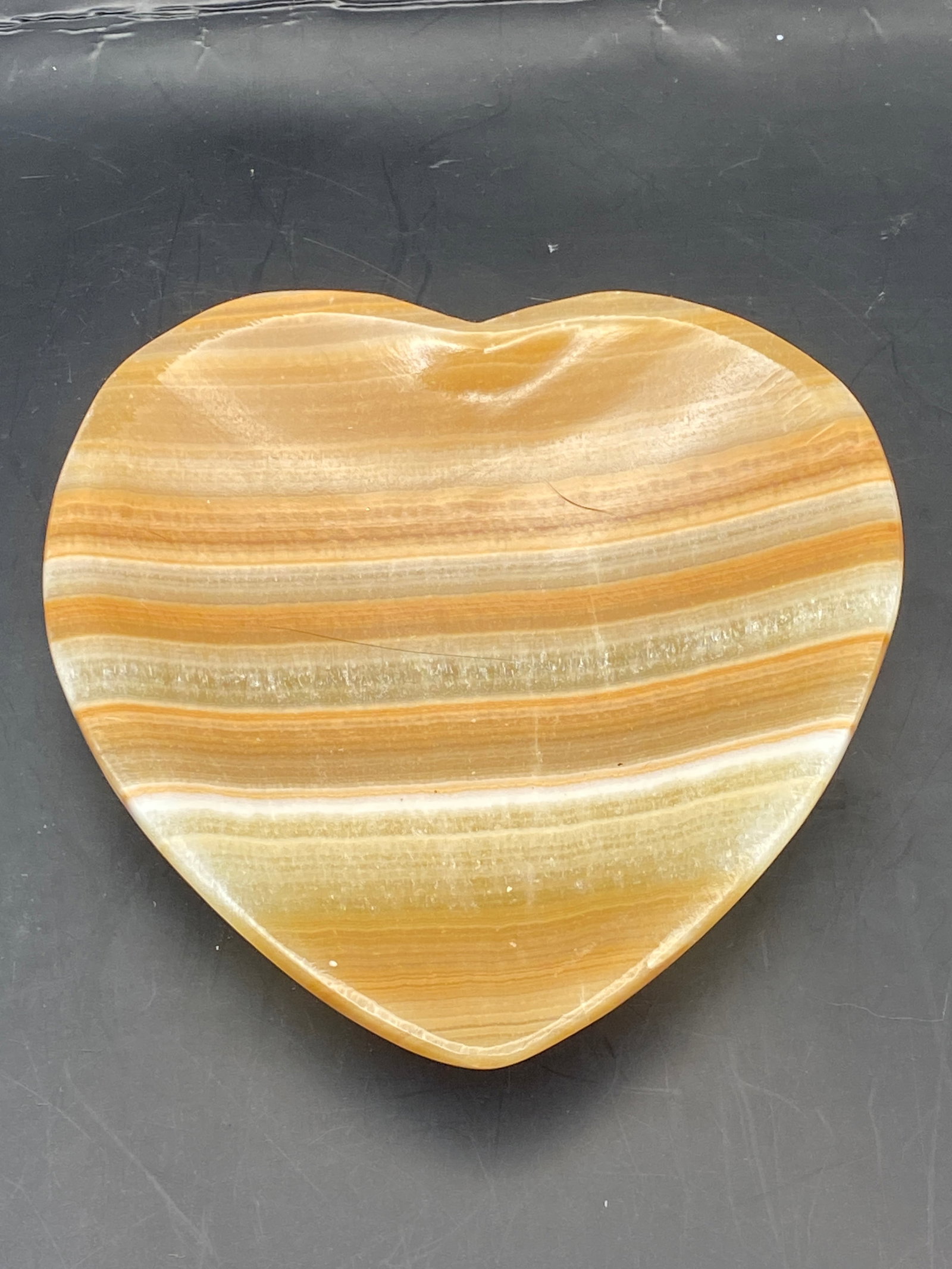 Rock, Crystal, Natural, Decor, Collectible, Carving, Hear, Dish: Heart Dish Banded Calcite Morocco