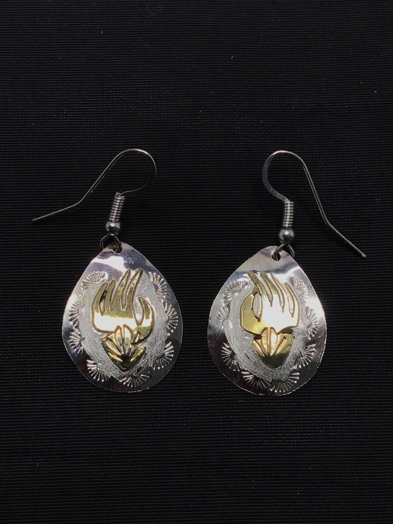 Navajo handmade earrings: Sterling silver earrings with 12k gold fill overlay. 2.81 grams total weight. Made by Genevieve Jones. 11