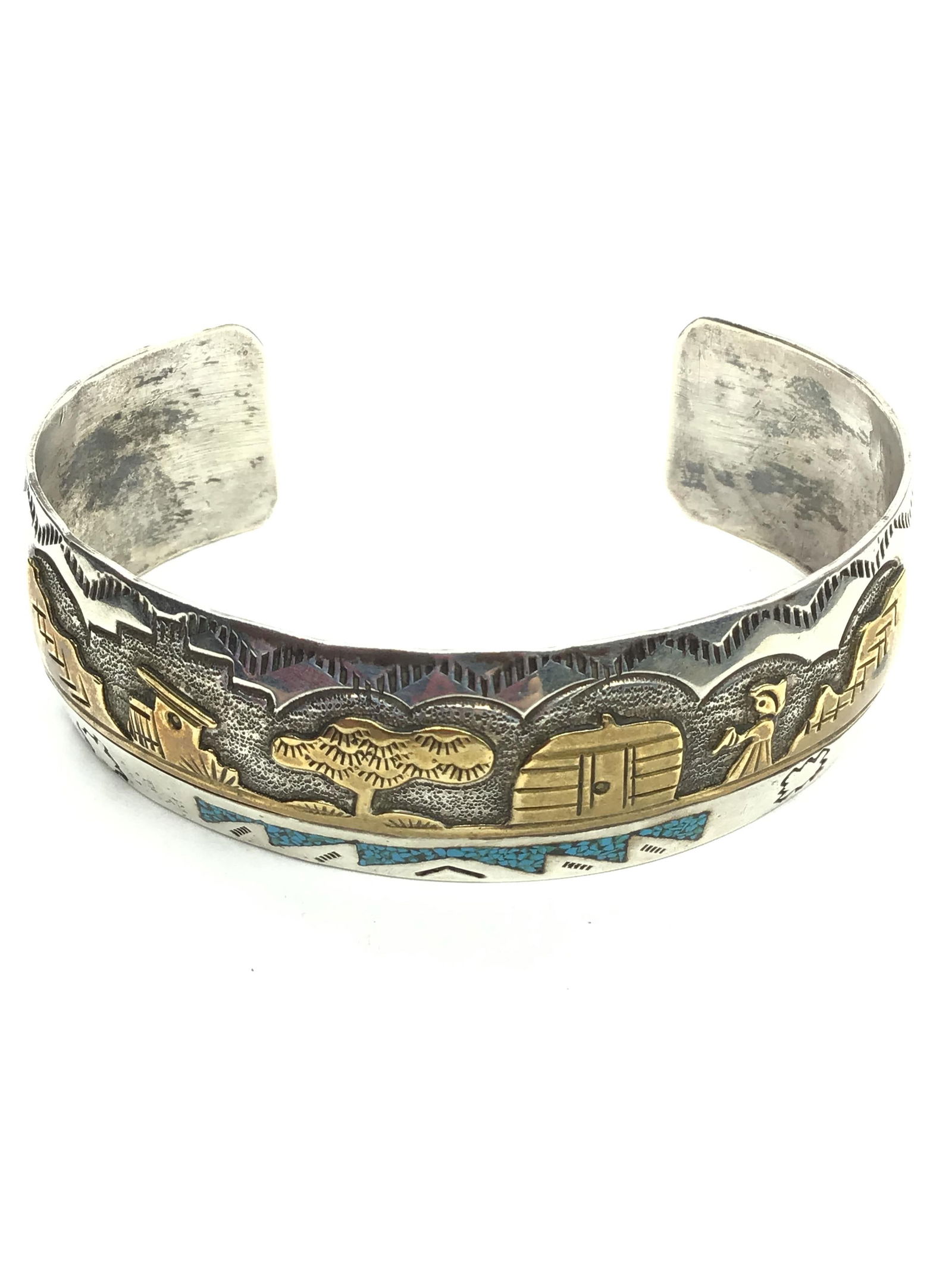 Navajo handmade bracelet cuff Sterling silver cuff with 12K golf filled overlay and crushed (1 of 3)