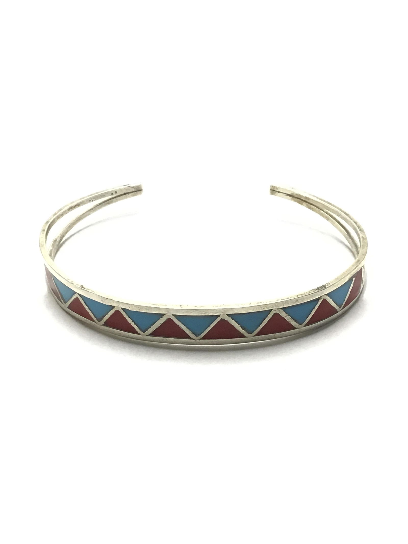 Navajo handmade cuff bracelet Sterling silver cuff with red coral and turquoise inlay. 6.17 grams (1 of 3)