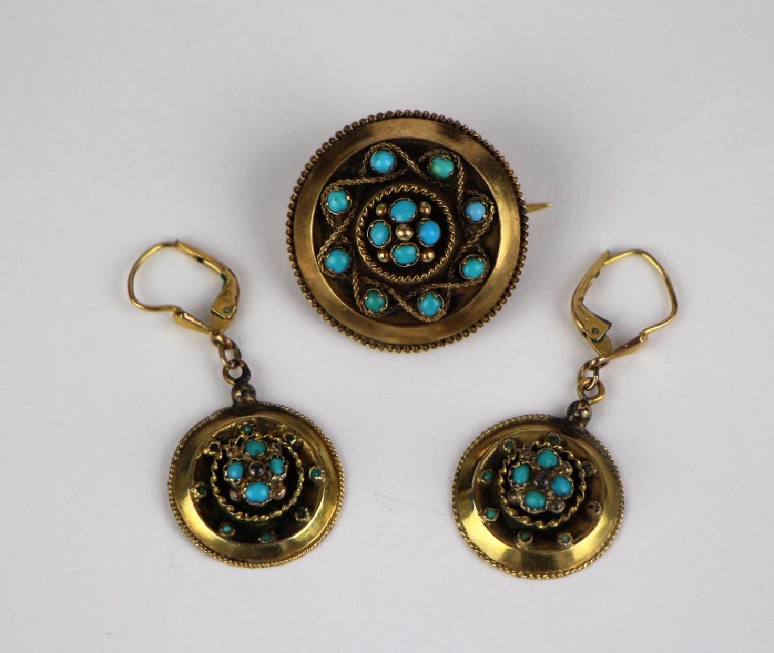 VICT. 14K GOLD & TURQUOISE BROOCH & EARRING SET (1 of 2)