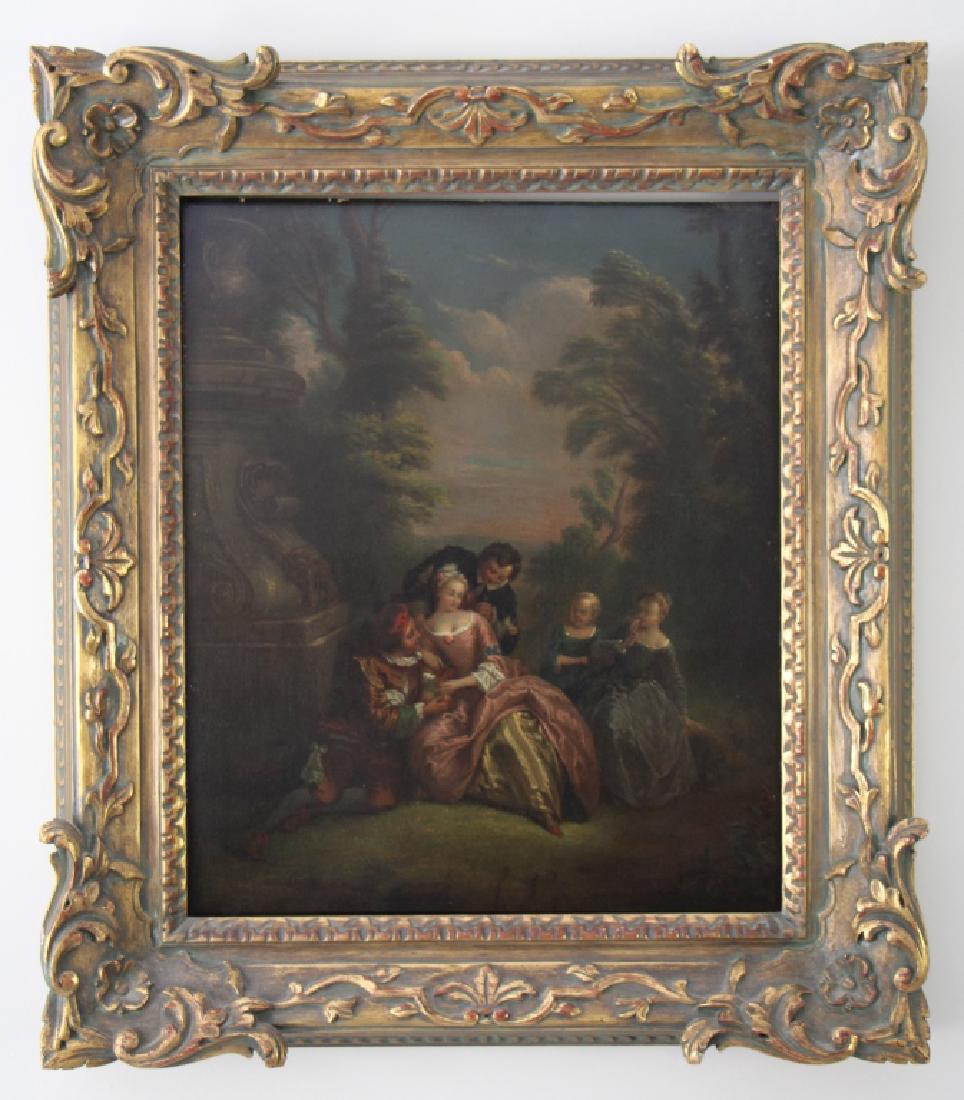 FOLLOWER OF BOUCHER Francois (French 1703-1770): A formal affair scene, (people in garden), oil on panel. Unsigned. Image size: 39 x 33 cm. (15 1/2 x 13 in.) Frame size: 53.5 x 47 cm. (21 x 18 1/2 in.)
