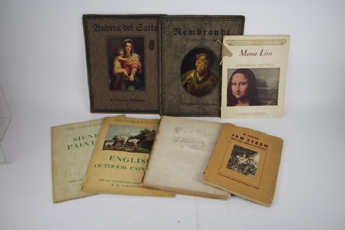LOT OF ART PORTFOLIOS AND ENGRAVINGS: Including Rembrandt, Undrea Del Garto, Mona Lisa, English Outdoor Paintings, Cienese Paintings, Jan Steen and book with no cover but filled with engravings of vases from the collection of Sir Henry En