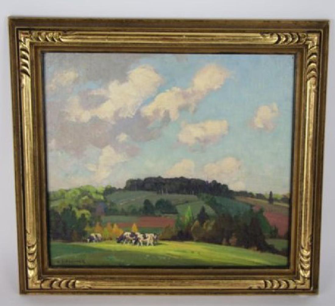 PALMER Herbert Sidne ARCA OSA (Can. 1881-1970): Oil on board titled on reverse "Sunshine and Shadow" Near Trenton Ont. by Herbert S. Palmer Toronto." Image size: 34 x 39 cm. (13.5 x 15.5 in.) Frame size": 44 x 48 cm. (17.5 x 19 in.)