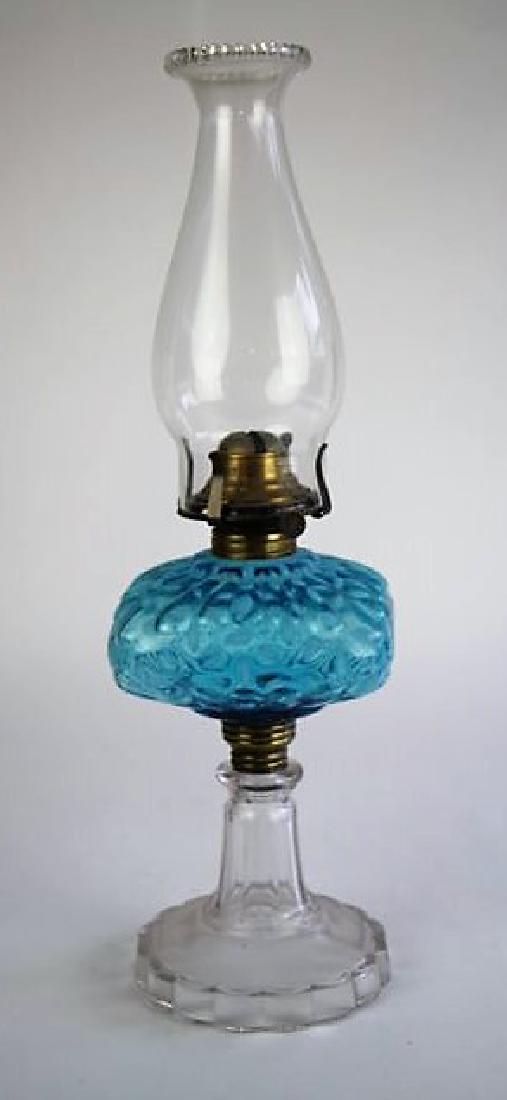 BLUE OPALESCENT "SNOWFLAKE" PATTERN OIL LAMP (1 of 4)
