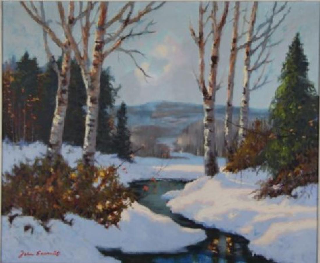 SAARNIIT Johann-Woldemar (ESTONIAN CAN. 1909-1982): Titled "Near Haliburton 1954", winter landscape scene oil on masonite, signed lower left. Image size: 51 x 61 cm. (20 x 24 in.)Frame size: 66 x 76 cm. (26 x 30 in.)