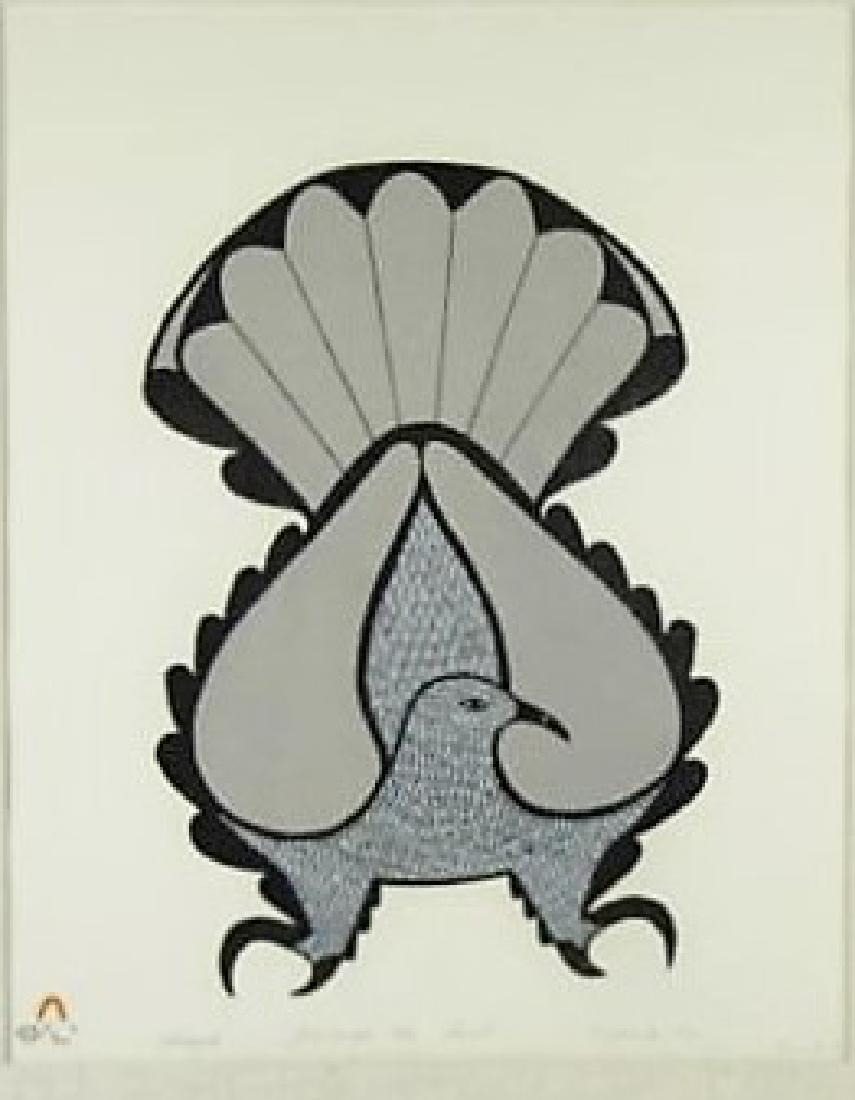 NATIVE INUIT LITHOGRAPH: Litho of bird by Eliyakota Samvalie (1939 - 1987). from Cape Dorset Nunavut. Signed and dated 1976. Image size: 41 x 33 cm. (16 x 13 in.) Frame size: 61 x 51 cm. (24 x 20 in.)