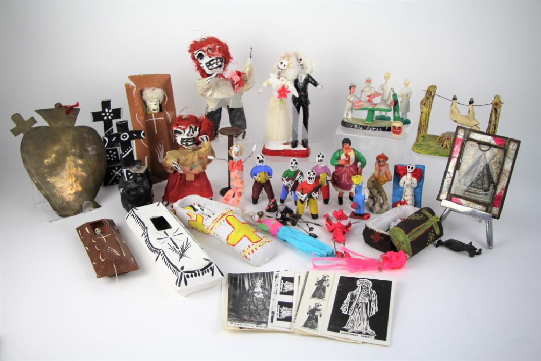 COLLECTION OF MEXICAN FOLK ART FIGURINES & OBJECTS: Including various Day of the Dead figures and other various items. H. of tallest 24 cm (9 1/4 in.). The Estate of Paul Campbell.