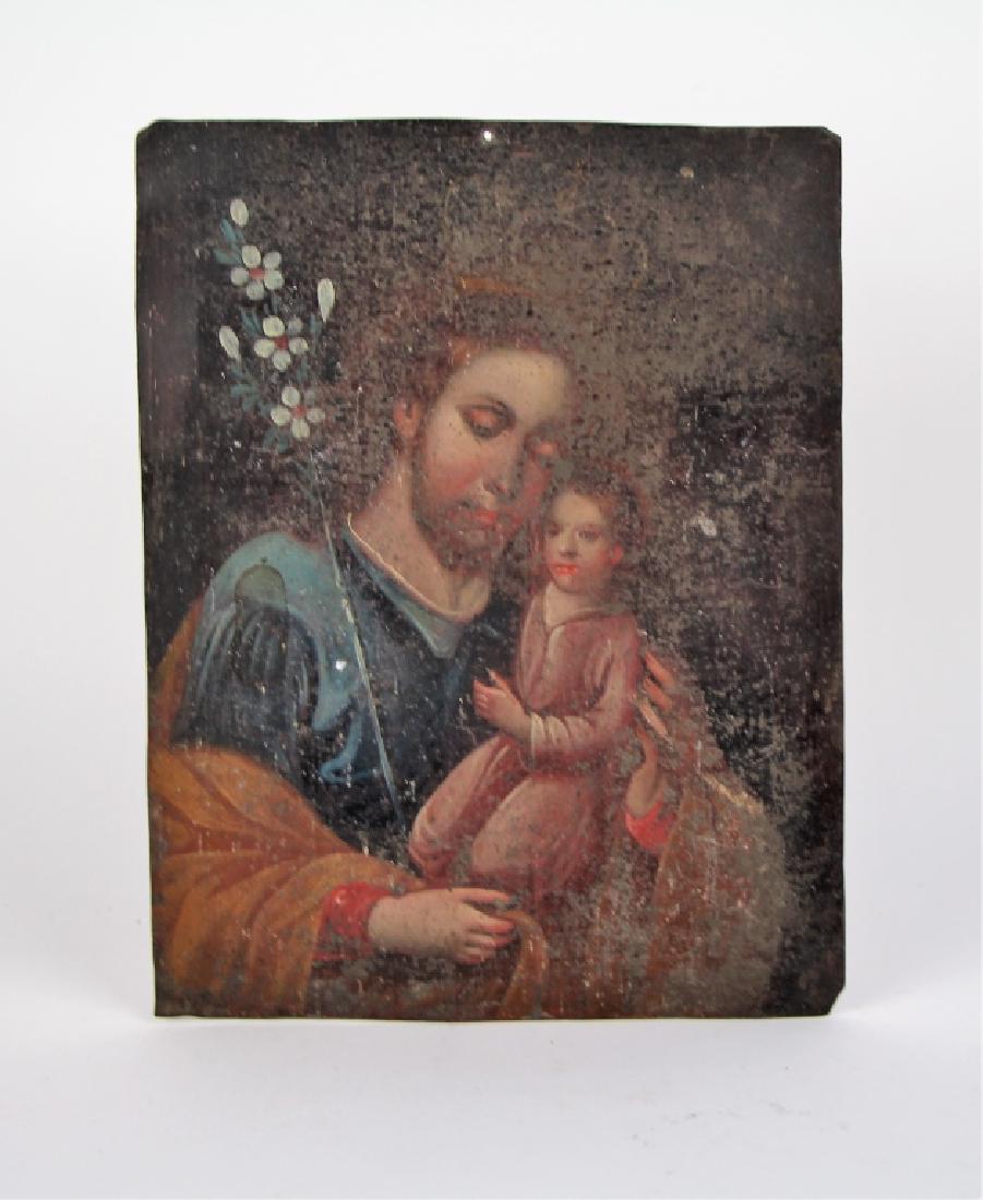 MEXICAN RELIGIOUS FOLK PAINTING ON METAL: Retablo painting on metal plate depicting male figure and child. H. 25.5 cm (10 in.). The Estate of Paul Campbell.