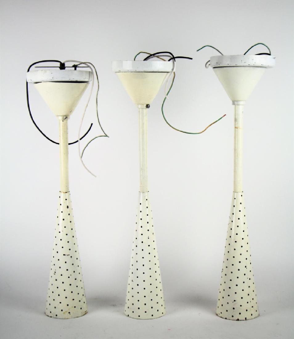 SET OF THREE MID CENTURY METAL CEILING LIGHTS: Circa 1950's with perforated shades, conical shape. White painted finish showing some wear. H. 49 cm (19 1/4 in.). Total approx. weight 2 kg.