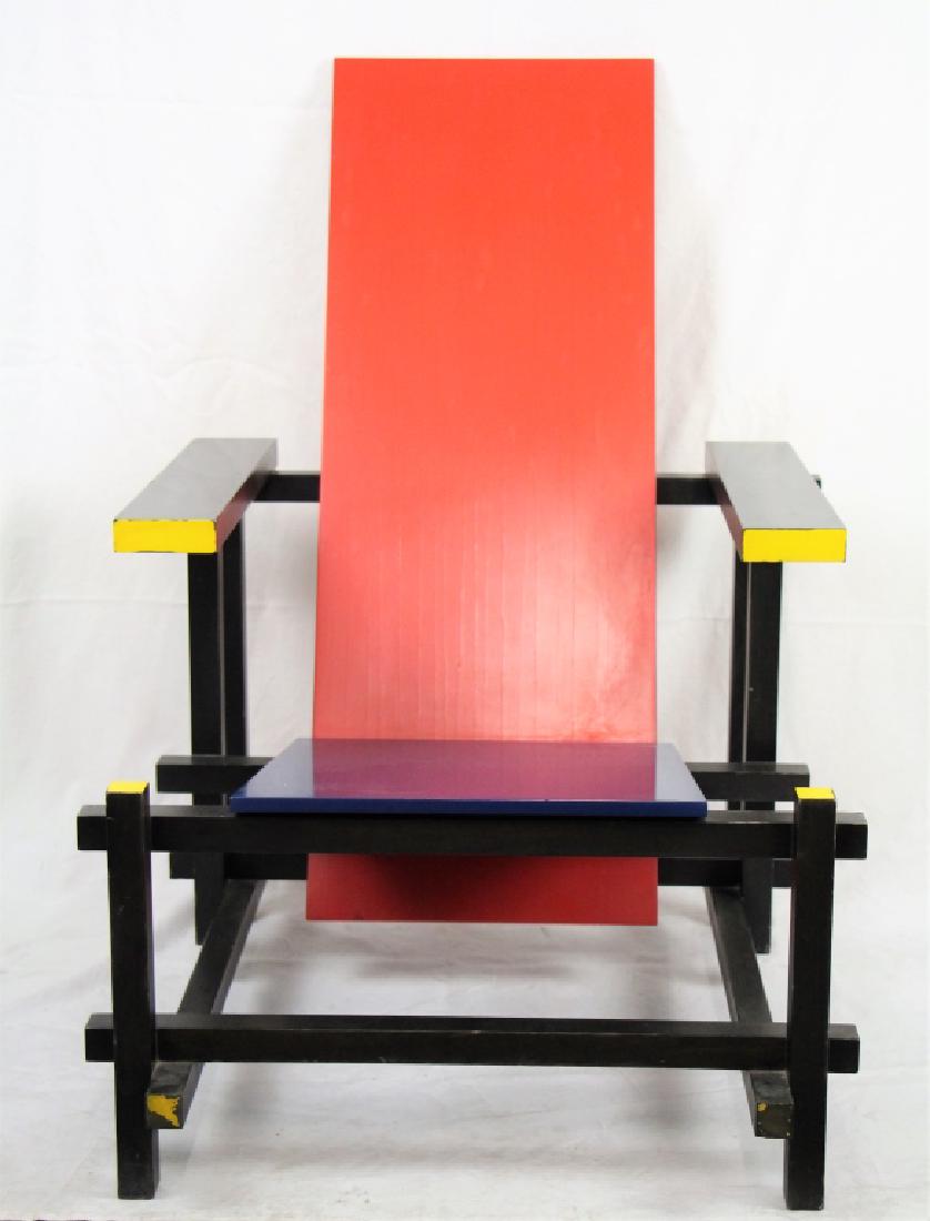 MID CENTURY DE STIJL CHAIR BY GERRIT REITVELD: With Cassina label underneath, 1970's. H.34 in. The Estate of Paul Campbell.