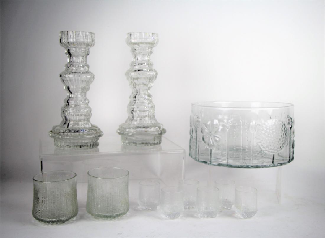 ROSENTHAL VASES W/ OIVA TOIKKA AND OTHER GLASS: Including pair of Rosenthal candlesticks/vases by Martin Freyer (H. 28 cm, 10 in.), large Oiva Toikka flora bowl (D. 9 1/2 in.), and two tumblers and six shot glasses. Total approx. weight 5.5 kg.