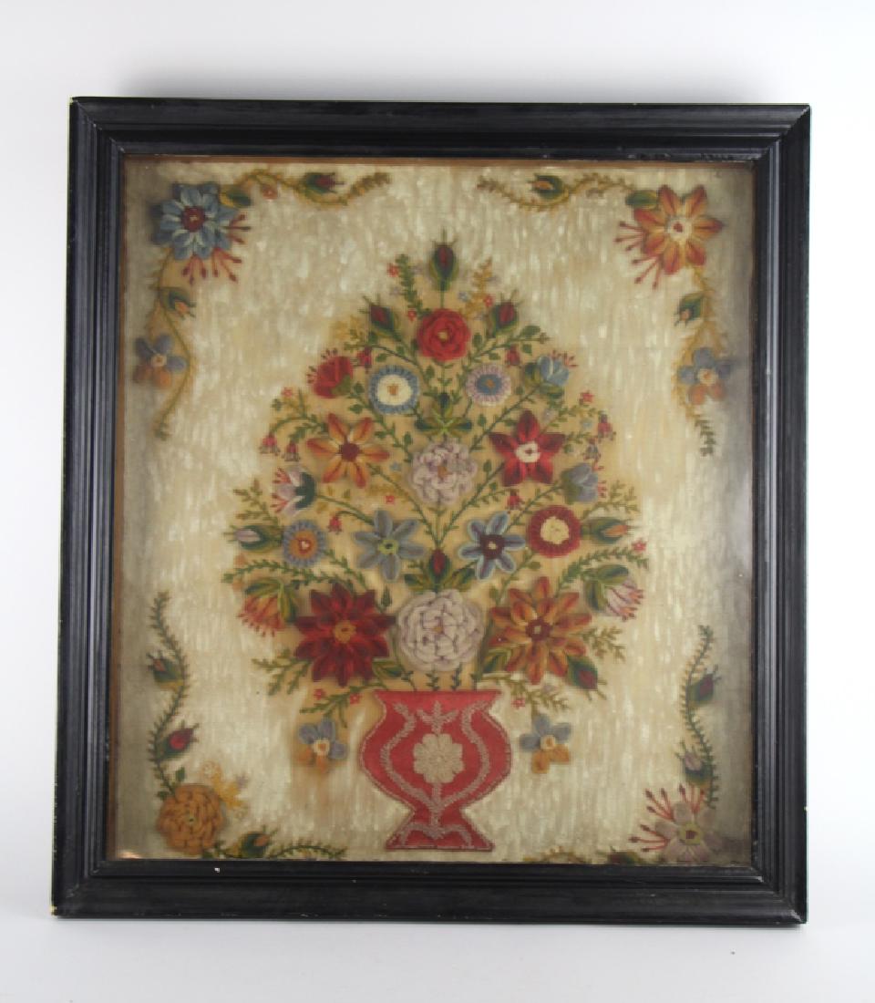 19TH C BEADED AND STITCHED FLORAL DECORATION: Elaborately stitched with bead at bottom in shadow box frame. Size 24 x 21 1/2 in.