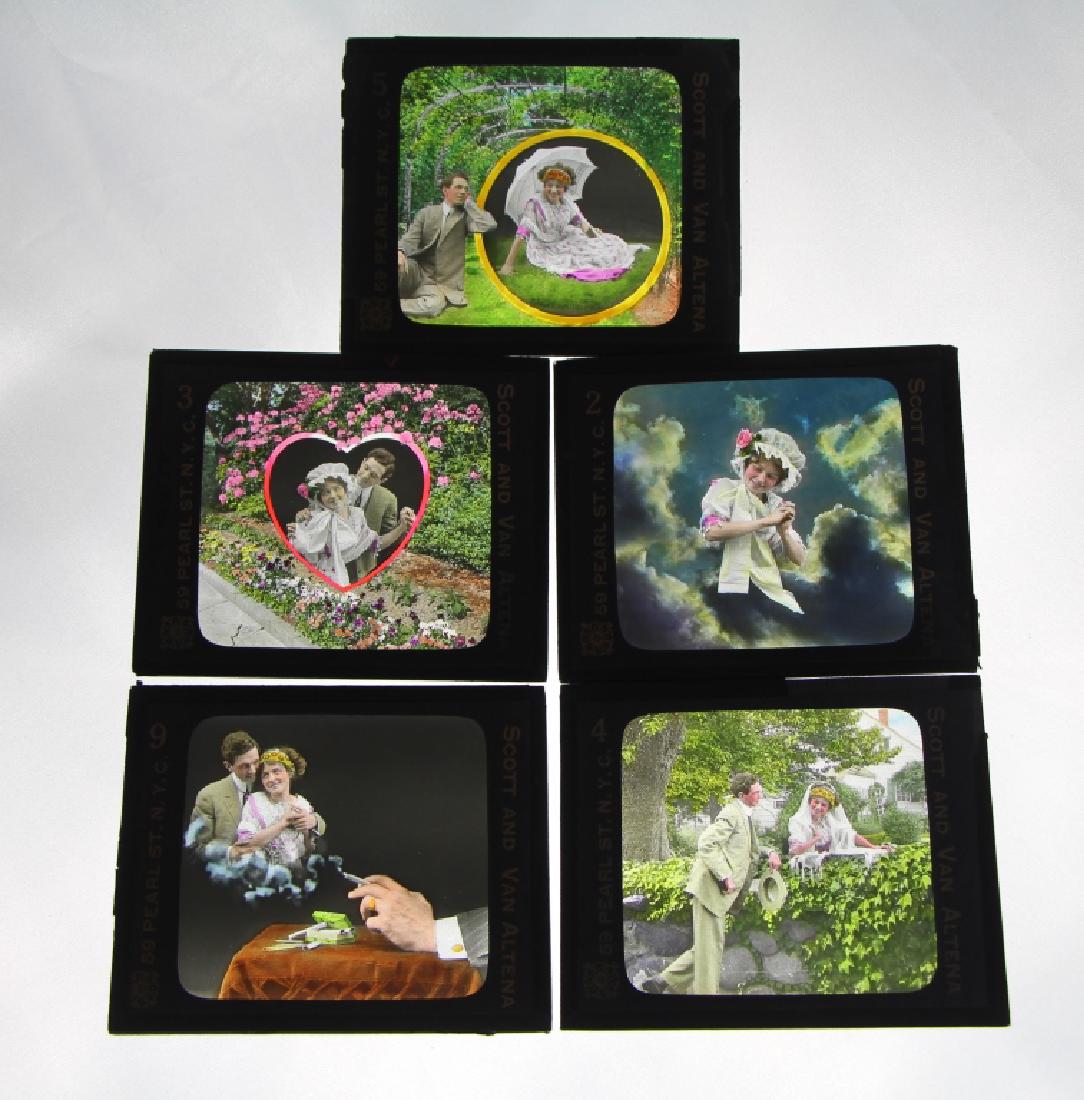 FIVE MAGIC LANTERN GLASS SLIDES: Coloured slides, 'Right From My Heart' series. Early 20th C.