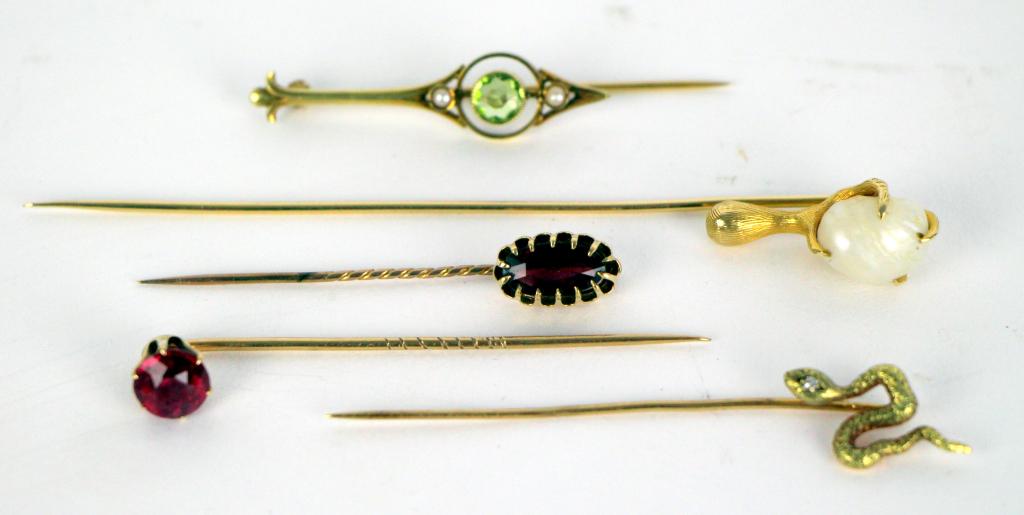 FIVE YELLOW GOLD STICK PINS (1 of 2)