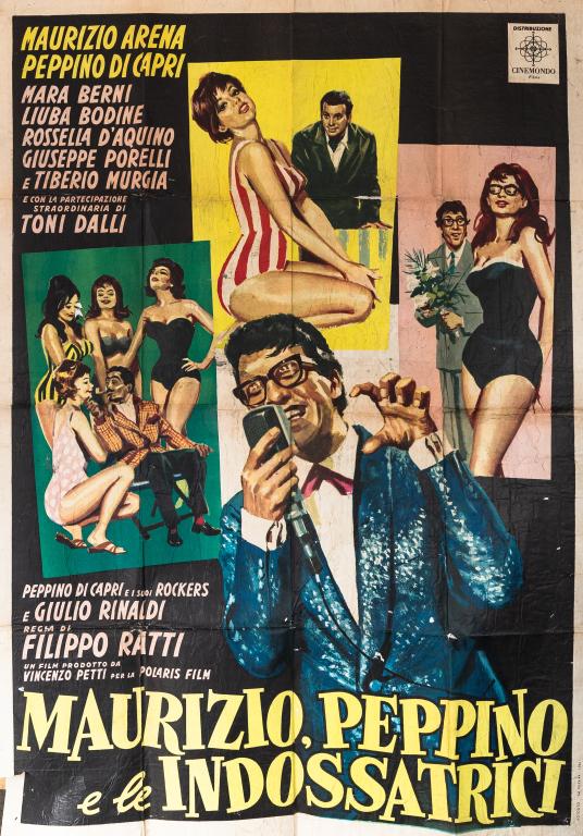 ITALIAN MOVIE POSTER: Colourful linen backed poster with Rat Pack style characters,. As is, As pictured. Size: 77"h 54w
