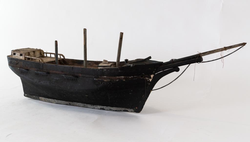 EARLY POND BOAT: Folk art wood pond boat with original paint and plaque signed Ella (?). No sails, as found. Size: 12"h 38w 6d