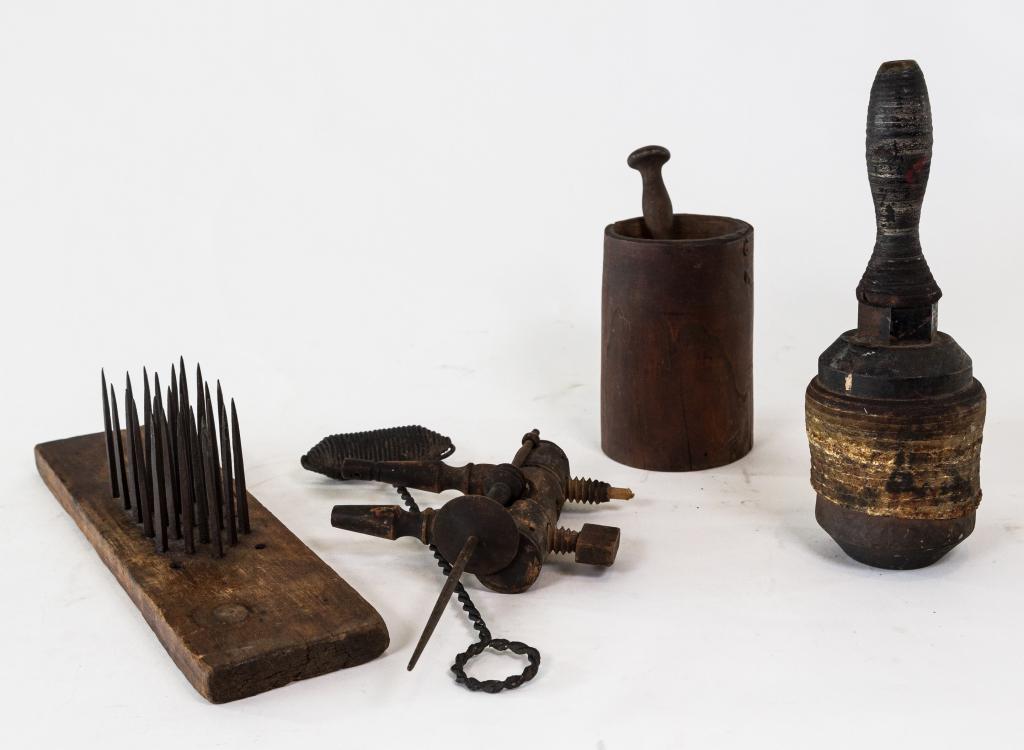 LOT OF ANTIQUE TOOLS: Including wood mortar and pestle, metal roller, masher, etc. Length of longest 15"