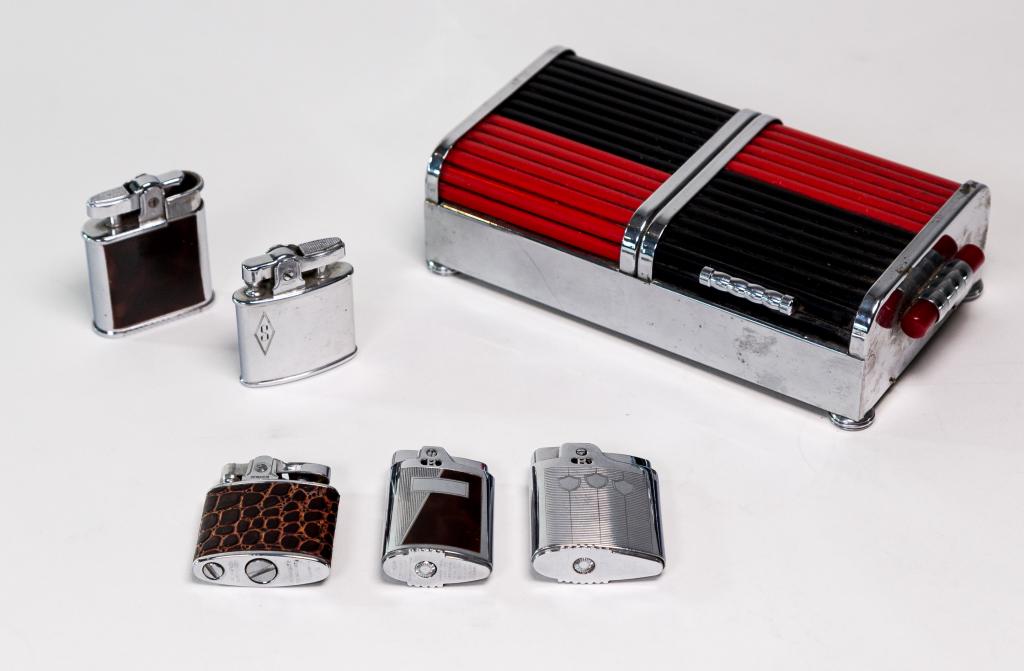 SMOKING LOT: Including 5 Lighters and a Cigarette case. Bakelite trimmed case is missing one handle for roll top. All Items as is.