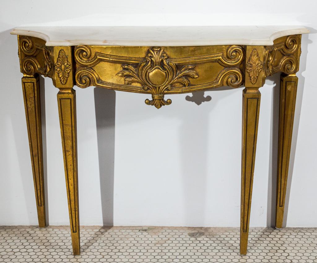 HALL TABLE WITH MARBLE TOP: Nice form and size. Hall table in gilt finish, Marble repaired. (see photos) Size: 33"h 43w 12d