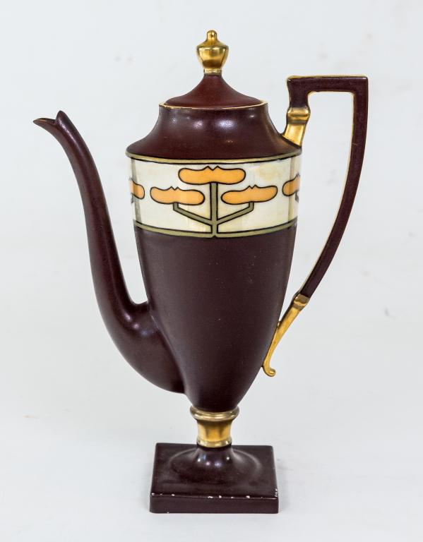 HAND PAINTED PORCELAIN COFFEE POT: With Arts and Crafts style hand painted decoration, Very delicate. Ht. 11"NOTE; tiny paint flakes on base. (see photo)