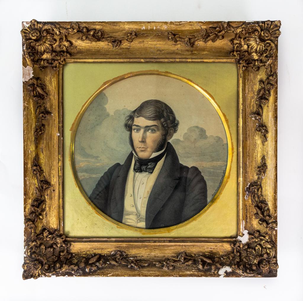 SIGNED PORTRAIT DATED 1834: Early Portrait ( Watercolour? ) of John McColluch signed, Henry Parry pinxt, Dated 1834. Gold gilt frame as is.. Info on reverse. Size: 13" x 13"
