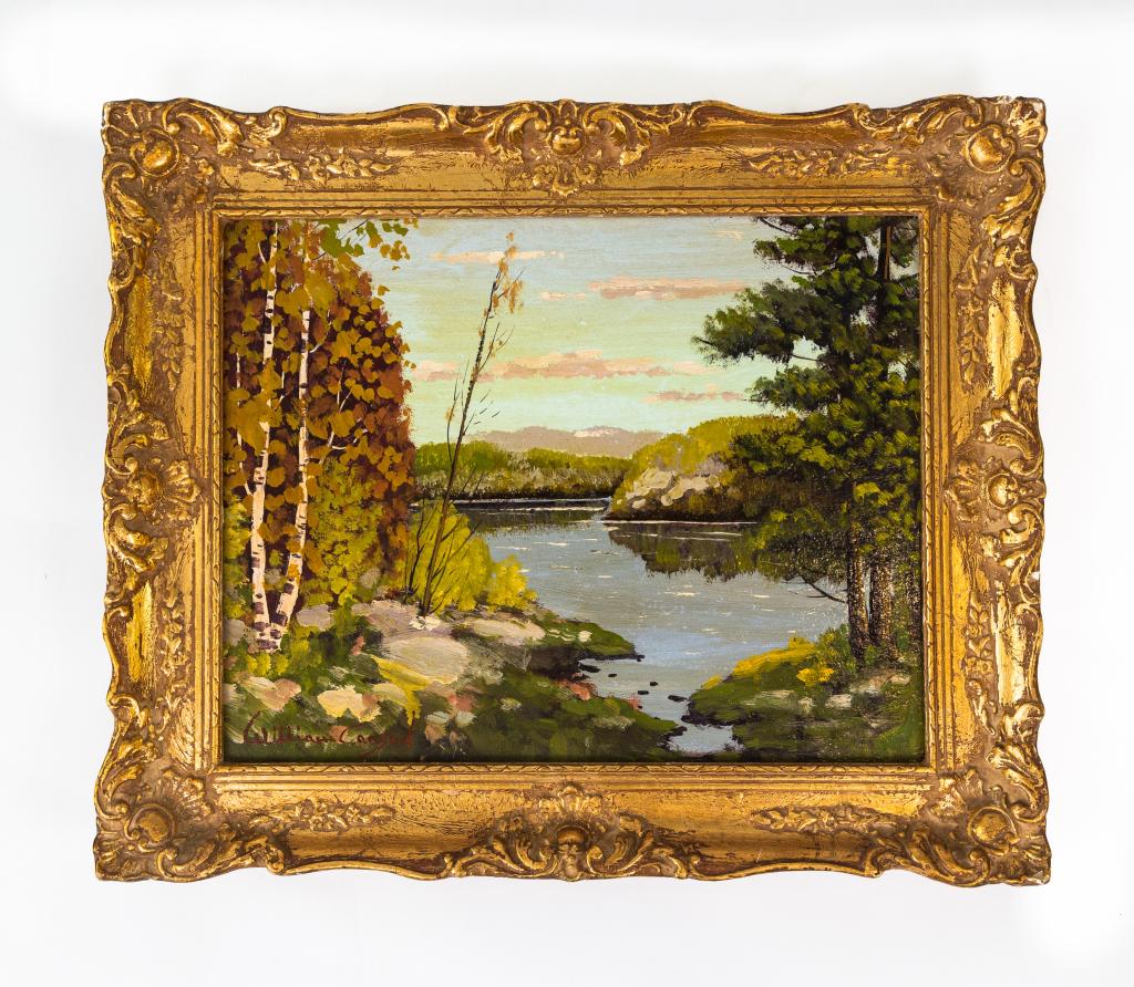 OIL ON BOARD PAINTING: Signed, William Carson (?). In gilt frame. Info on back. Size: 14.5" x 17.5"