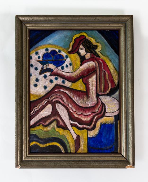 OIL ON BOARD ATTRIBUTED TO HUGO SCHEIBER: Attributed Hugo Scheiber 1943. Art deco stylized woman. Great colour , Info on back Minor damage to frame.. Size: 18.5" x 14"
