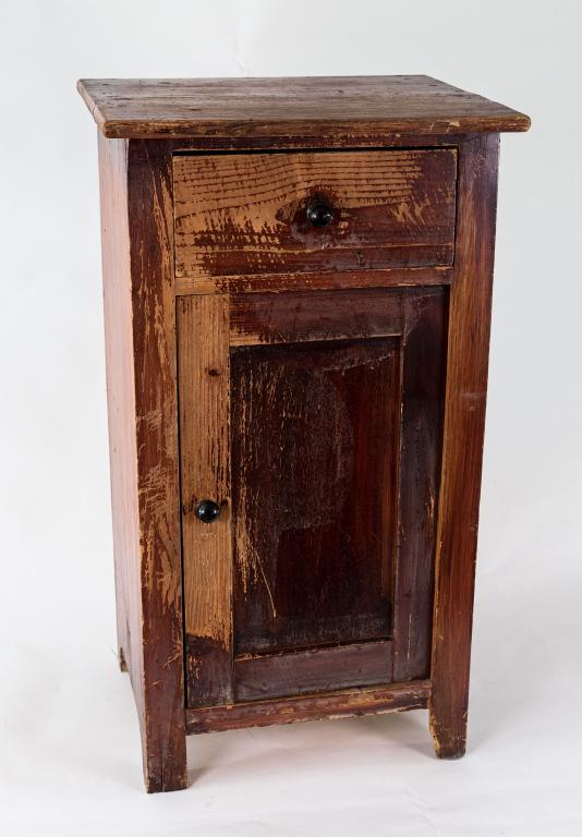 PINE NIGHTSTAND: Small nightstand with 1 door and 1 drawer. Partially stripped finish. Size: 31.5"h 17.5w 14.5d