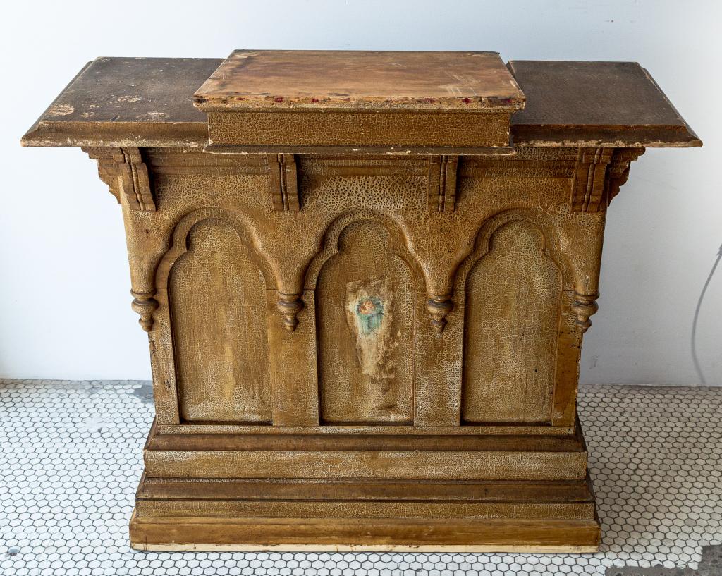 19TH CENTURY PINE PULPIT: Classic Gothic style pine pulpit with a slanted top area and alligator finish. (one panel has been partially stripped) Size: 45"h 49w 25d
