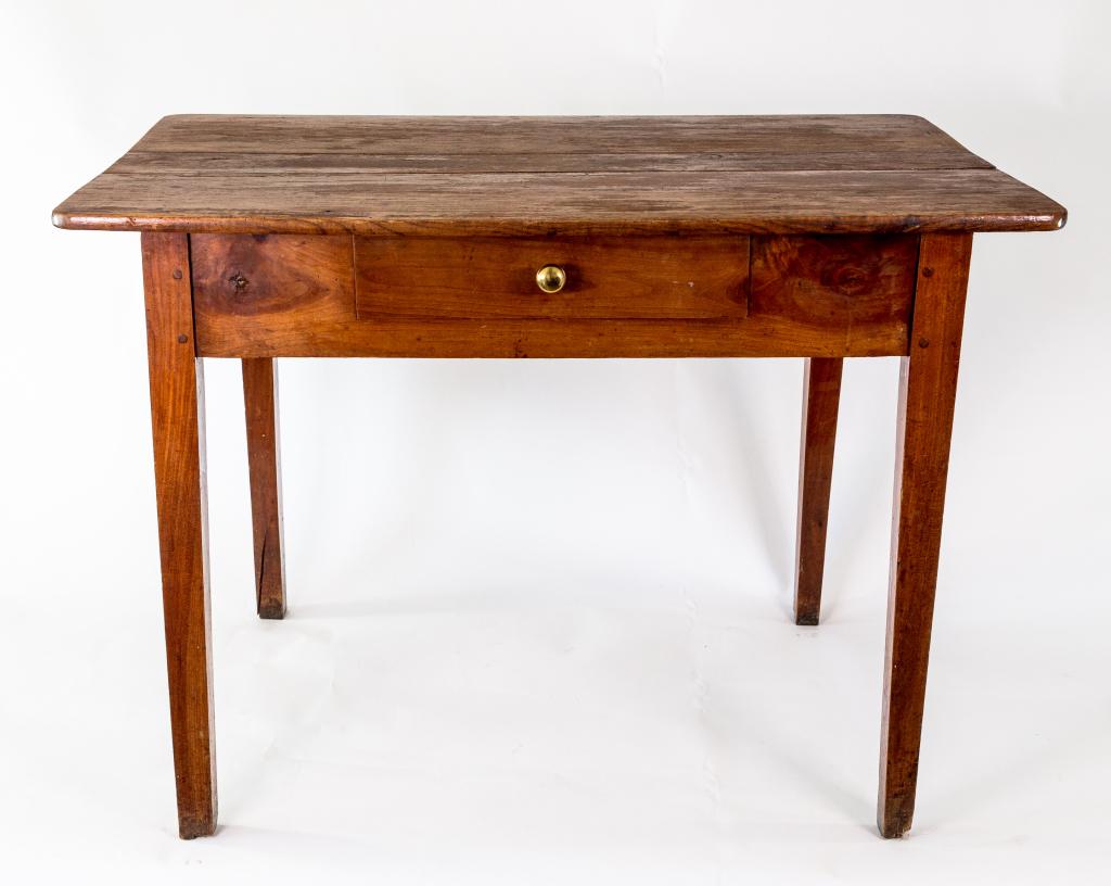 19TH CENTURY FRENCH COUNTRY BREAKFAST TABLE: One drawer table. Probably French w/pegged construction. Top needs finish and minor split on leg. Size: 29"h 40w 25d .