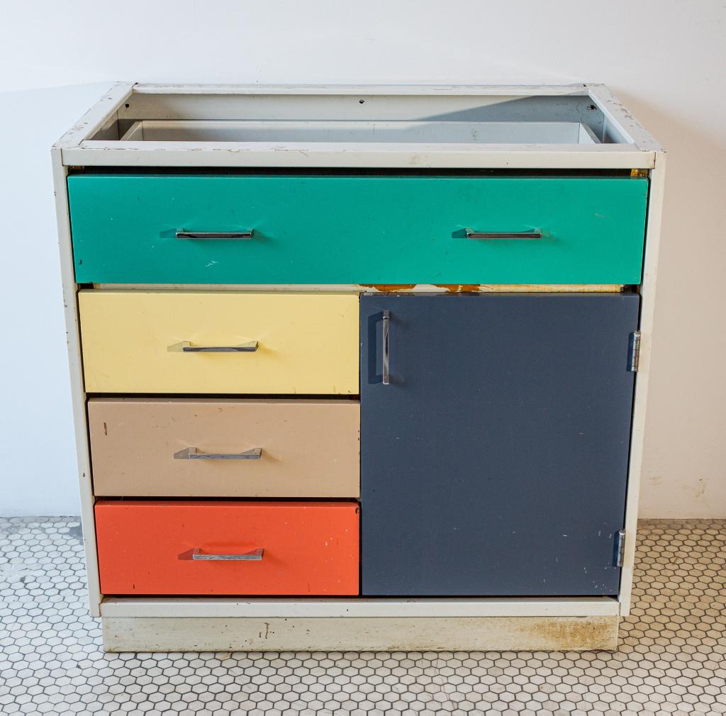 VINTAGE LABORATORY CABINET: First lot of 2, Colourful Mid century Laboratory equipment cabinet. Labeled, Contempra Laboratory Furniture. Fisher Scientific Company. No top. SIze: 36"h 35w 23d