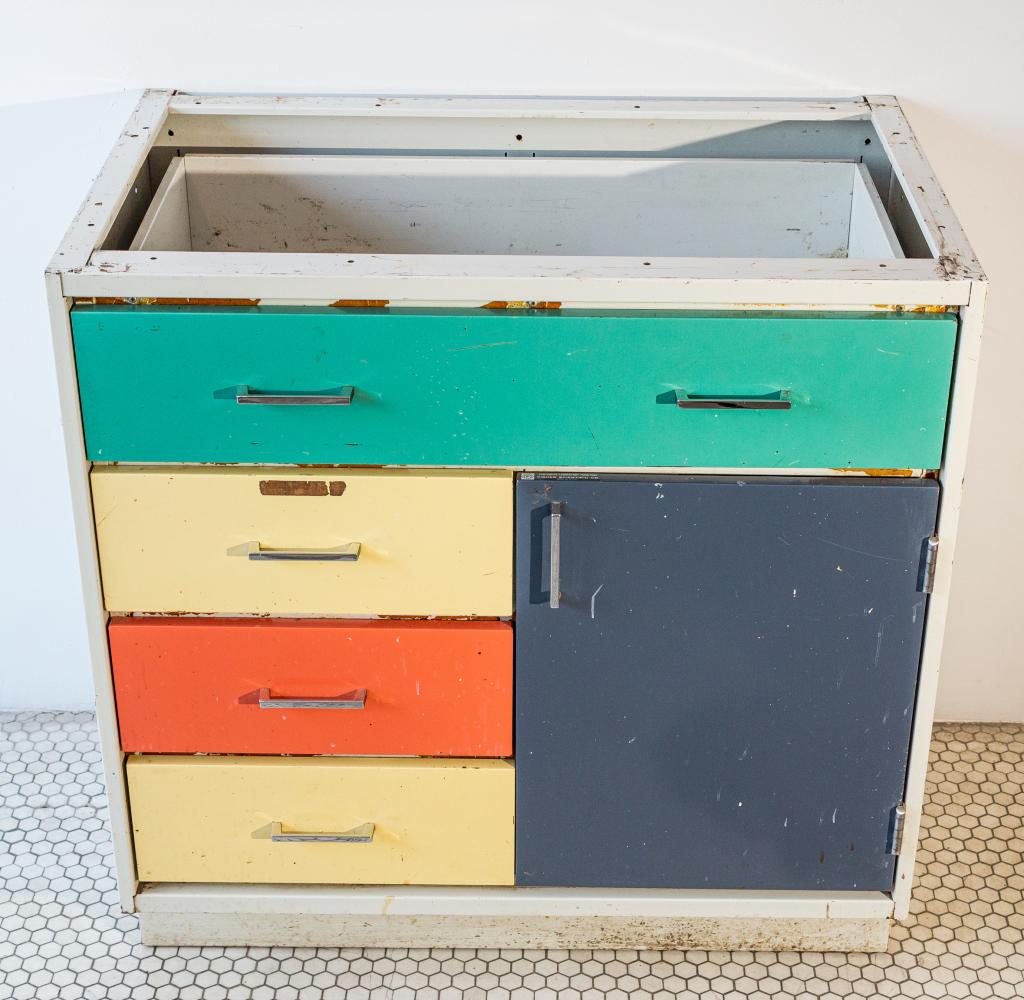 VINTAGE LABORATORY CABINET: Colourful Mid century Laboratory equipment cabinet. Labeled, Contempra Laboratory Furniture. Fisher Scientific Company. No top. SIze: 36"h 35w 23d