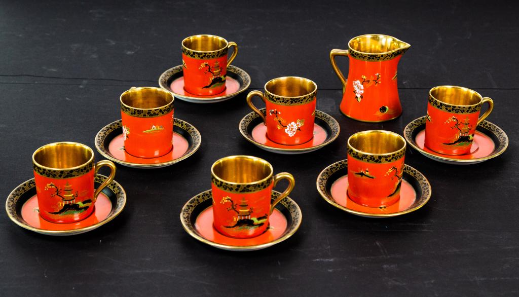 CARLTON WARE COFFEE SET: Including 7 cups and saucers and creamer, with Japanese style decoration.