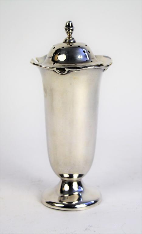SILVER SUGAR CASTOR: Hallmarks for William Hutton & Sons Ltd., Birmingham, 1908. Height 6 inches. Total weight 138g.