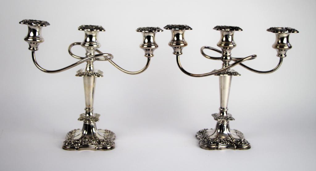PAIR SILVER PLATE CANDELABRA: 3 arm candelabra, silver plate on lead with nice decoration. Ht.26 cm. ( 10 1/4 in.) Total approx. weight 4.4 kg.