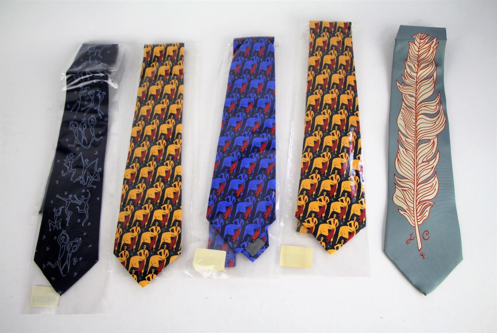 FIVE JEAN COCTEAU SILK TIES: One in Artes box, other four new in plastic.