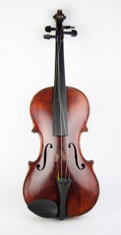 GERMAN VIOLIN BY MATHIAS NEUNER: With original label inside having maker's name, Made in Mittenwald, numbered 94. With bow and case. Needs bridge work and strings on bow as is. Not all original. Length of case 30 1/2 in. Approx. weig
