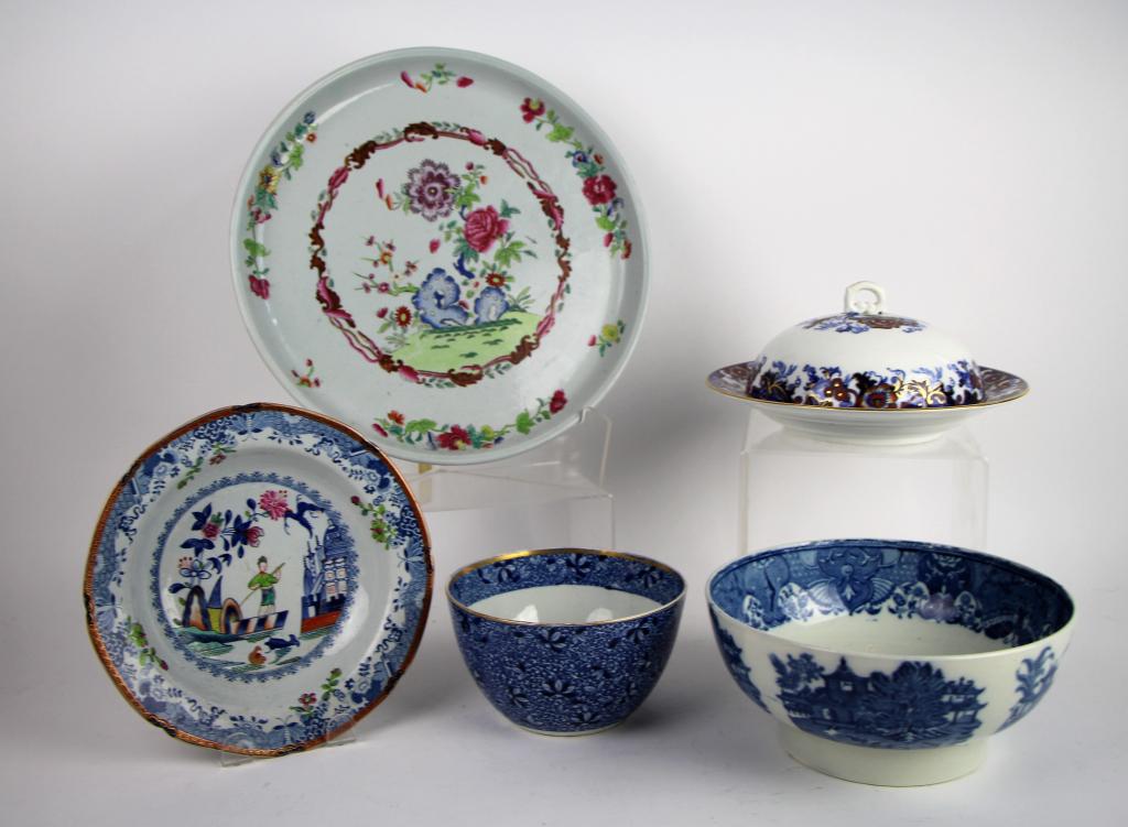 LOT OF 19TH CENTURY TRANSFERWARE: Including large Spode plate and shallow bowl (small chip on bottom rim - see photos), early 19th c. blue willow bowl, chintz style waste bowl (small chiops on base) Cauldon Ware covered dish. Diam of 