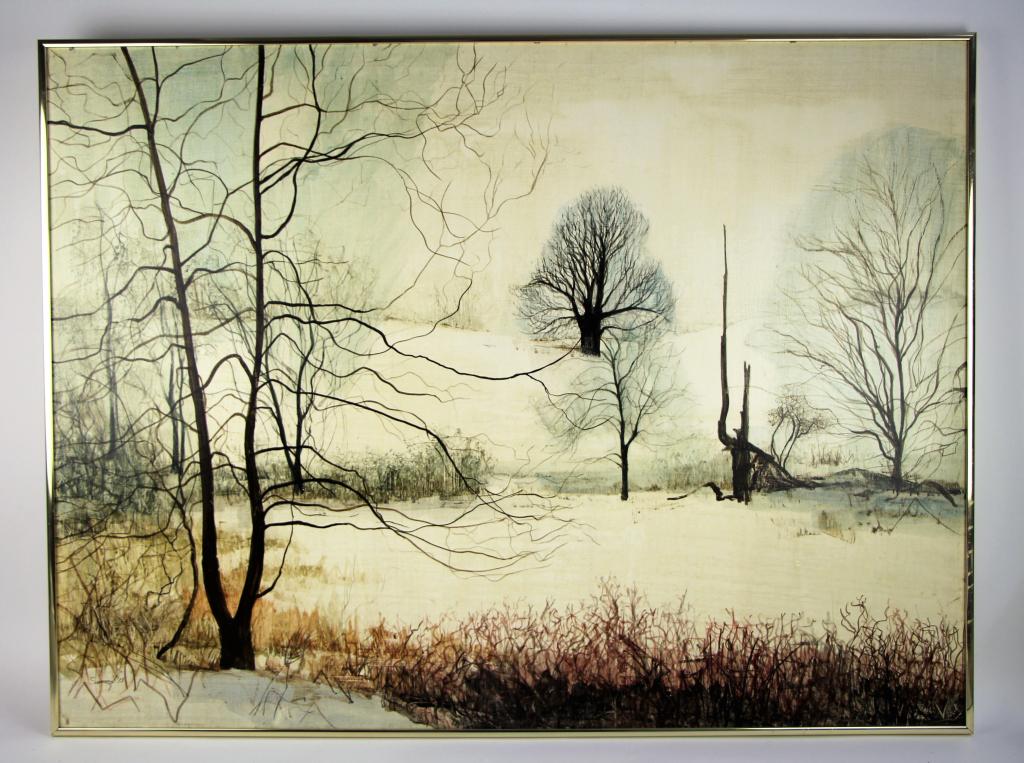 SURCOUF Lorraine ( Can. b. 1933): Large egg tempera painting on board. Winter landscape scene titled "Winter Stillness" Signed lower left and dared '73. Titled on verso. Framed size 77 x 103 cm. (30 1/4 x 40 1/2 in.)